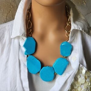 Gold Chain Natural Howlite Stone Round Beaded Statement Vintage Necklace